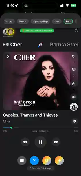 Vibe Village Battle Feed showing genre filters, battle playback, likes, comments, and song sharing